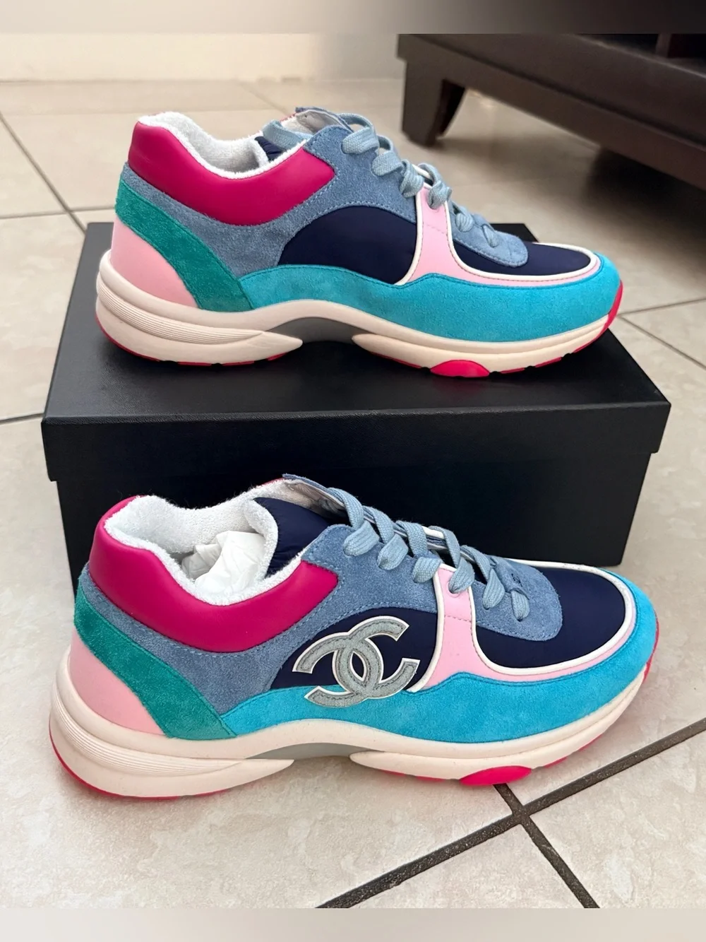 CHANEL Multicolor Suede & Leather Logo Sneakers — Navy, Pink, Turquoise